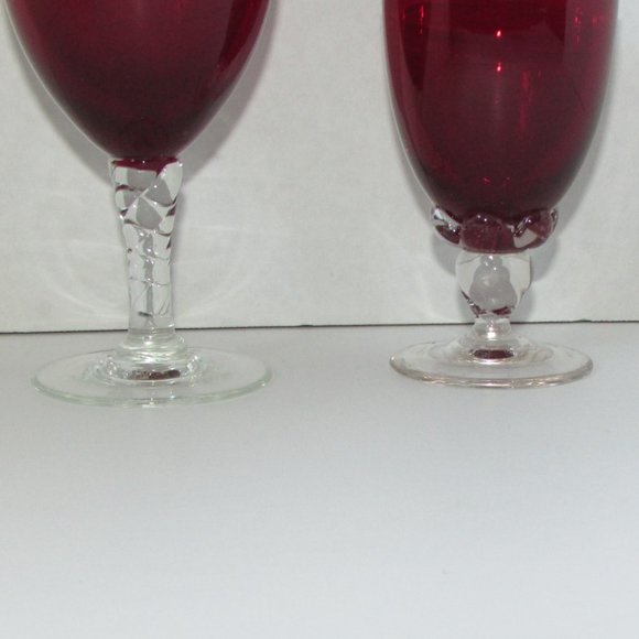 2 Different Vintage Ruby Red Goblets Clear Fancy Stem Small Elegant Wine Glasses - Picture 2 of 5